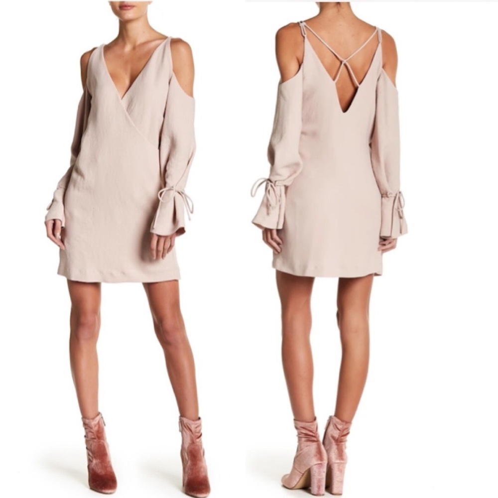 IRO Lebeca Mini Dress Faux Wrap V Shift Tunic Strappy Open Back Ties Pink Sand